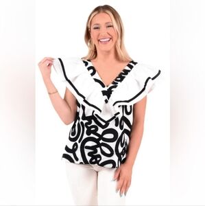 NWT Emily McCarthy Kensington Tank In Joy White & Black Ruffle V-Neckline - M